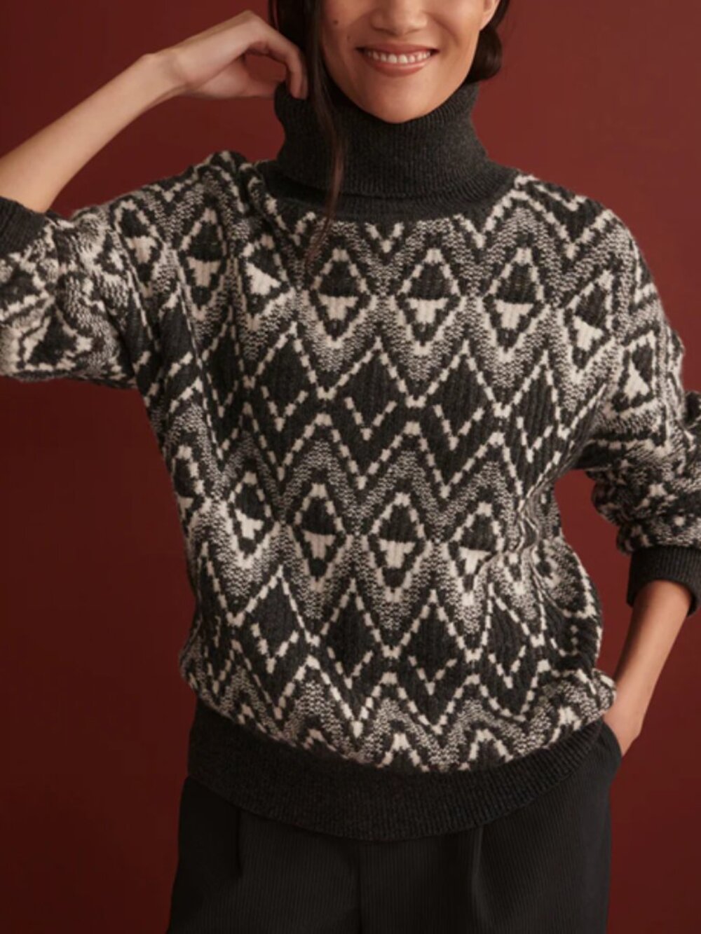 Varley Ida Relaxed Turtleneck Sweater Charcoal White Grey Fairisle M